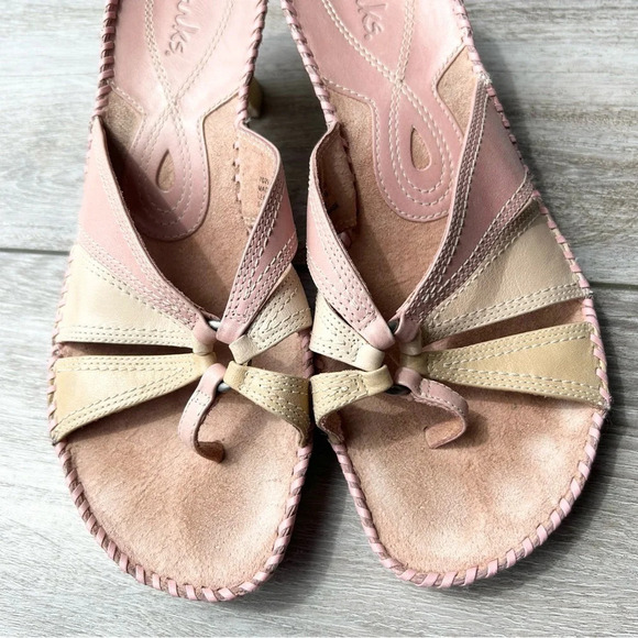 Clarks Women's Pink Beige Leather Open Toe Heels Sandals - Picture 4 of 14